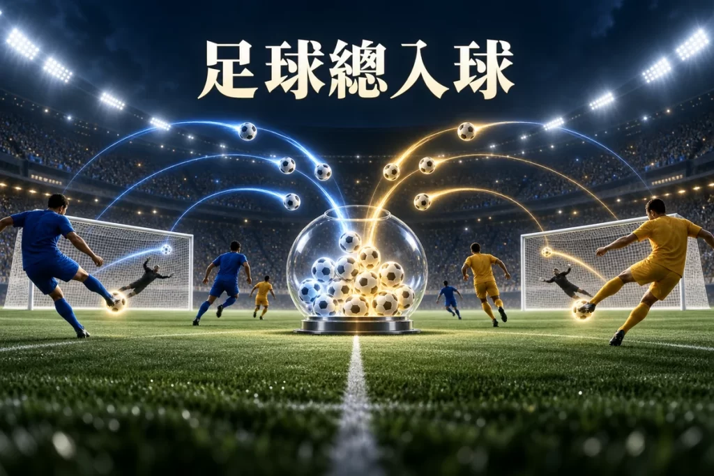 足球總入球概念圖,兩隊射門軌跡匯聚成全場合計入球